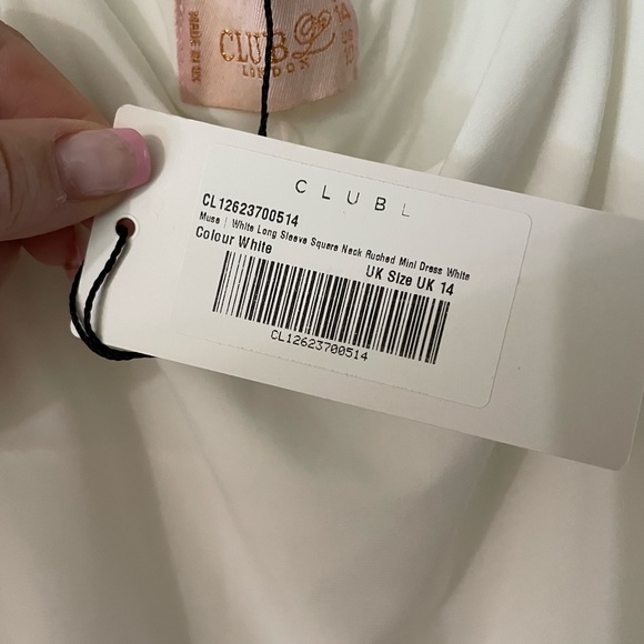 Club London / Club L MUSE 
WHITE LONG SLEEVE SQUARE NECK RUCHED MINI DRESS UK 14 - Picture 6 of 6